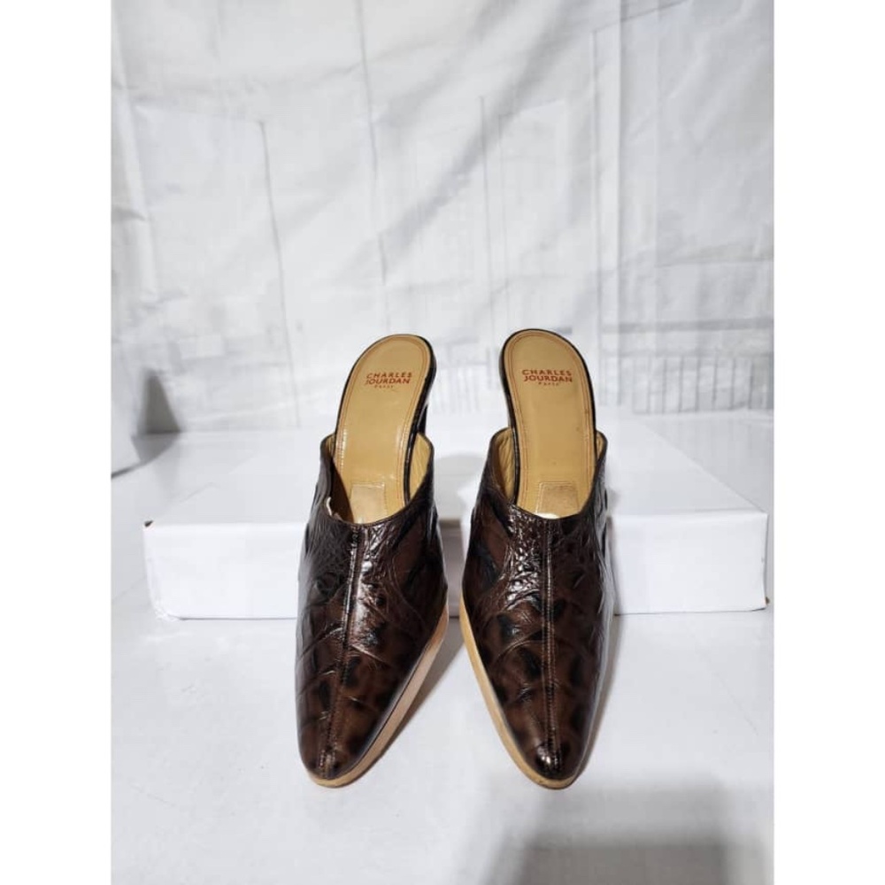 Authentic Charles Jourdan Snake Skin Leather on Wooden Platform Heels Brown